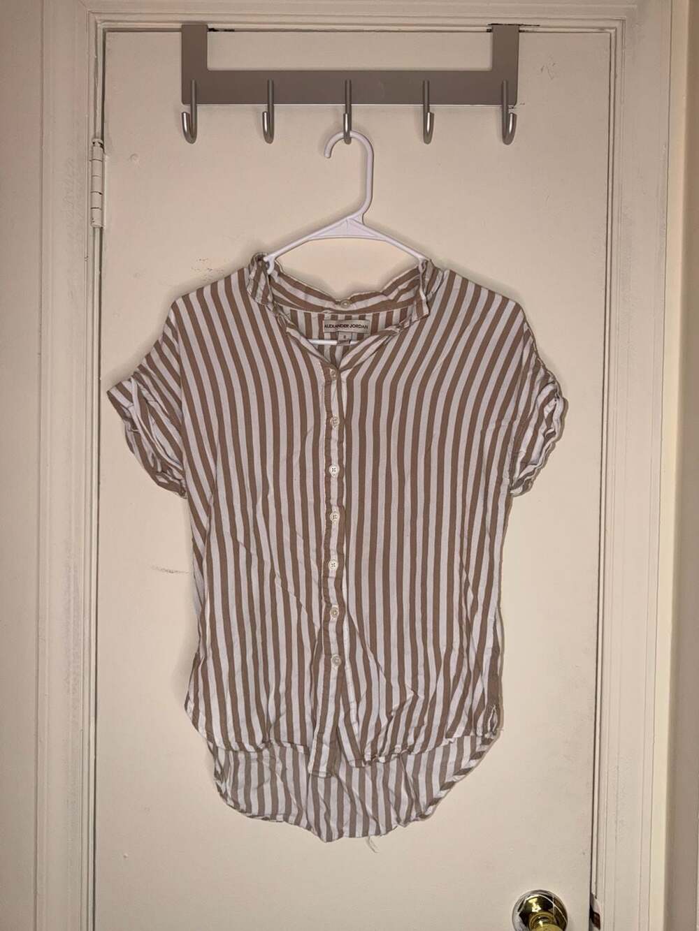 Alexander Jordan Dark Beige and White Striped Short Sleeve Button-Down Shirt
